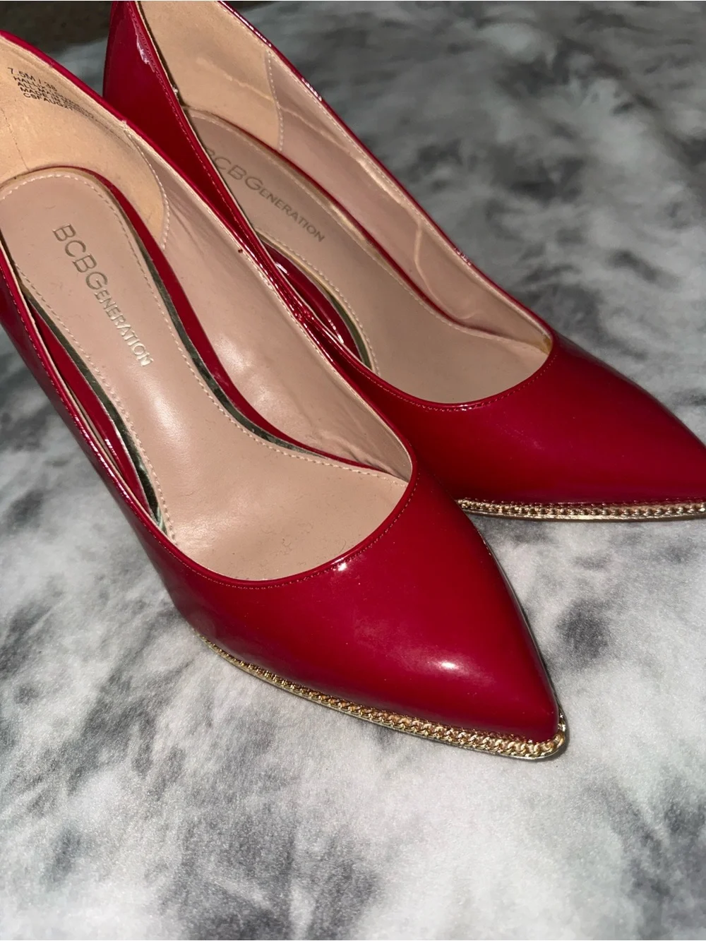 BCBGeneration Red Patent Pointed-Toe Stiletto Pumps with Gold Trim